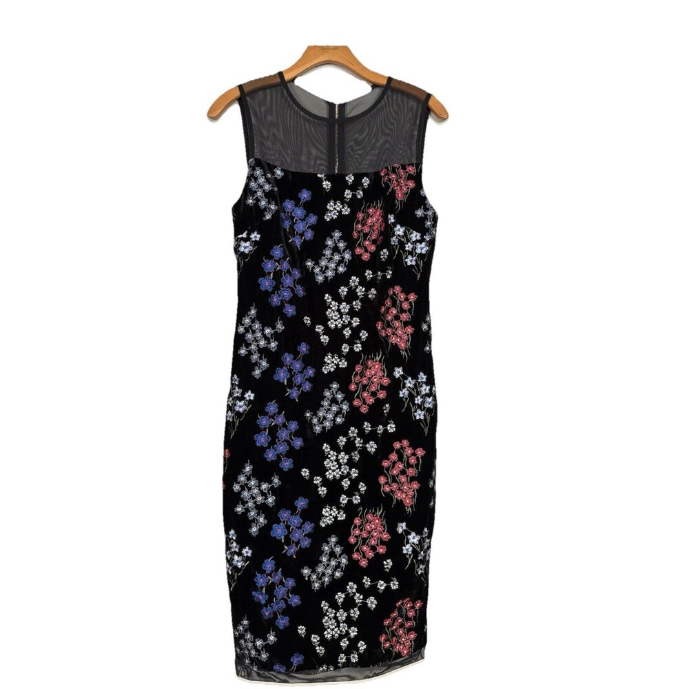 Calvin Klein Black Velvet & Mesh Floral Embroidered Pencil Dress Sleeveless SZ 4